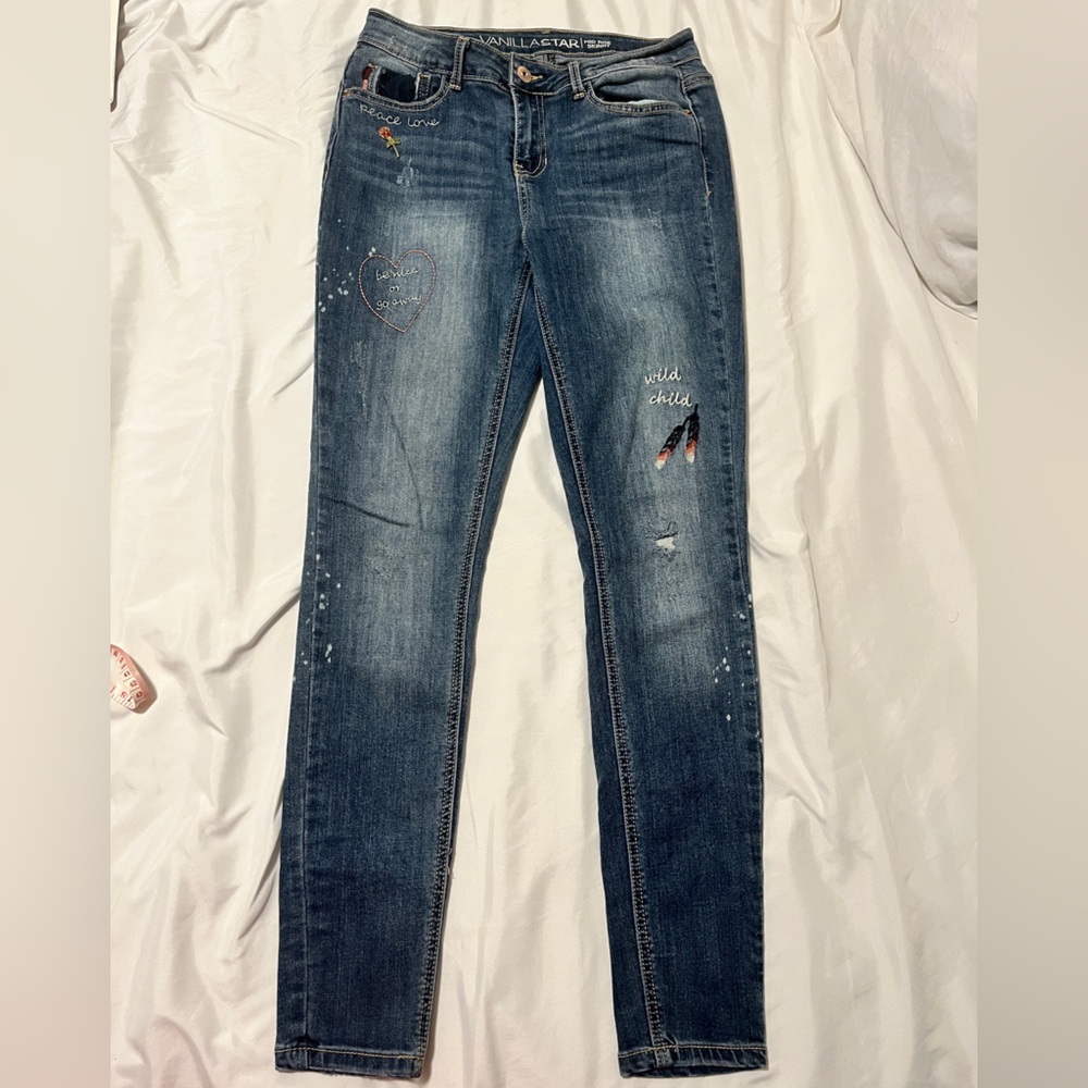 Vanilla Star Embroidered Mid Rise Skinny Jeans - Blue